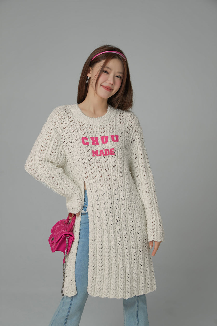 CHUU Crochet Side Slit Knit Long Sweater Dress