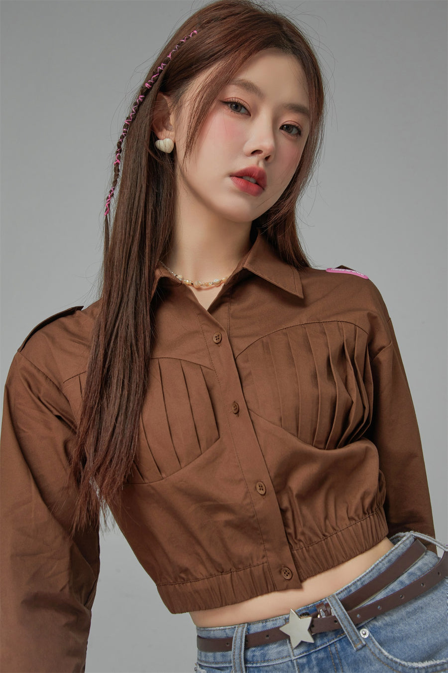 CHUU Shirred Cropped Shirt