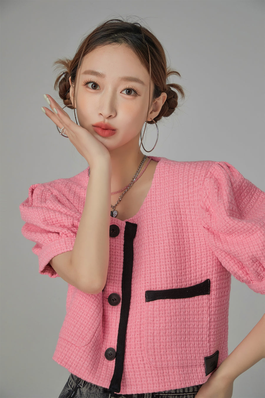 CHUU Puff Sleeve Coco Tweet Crop Jacket