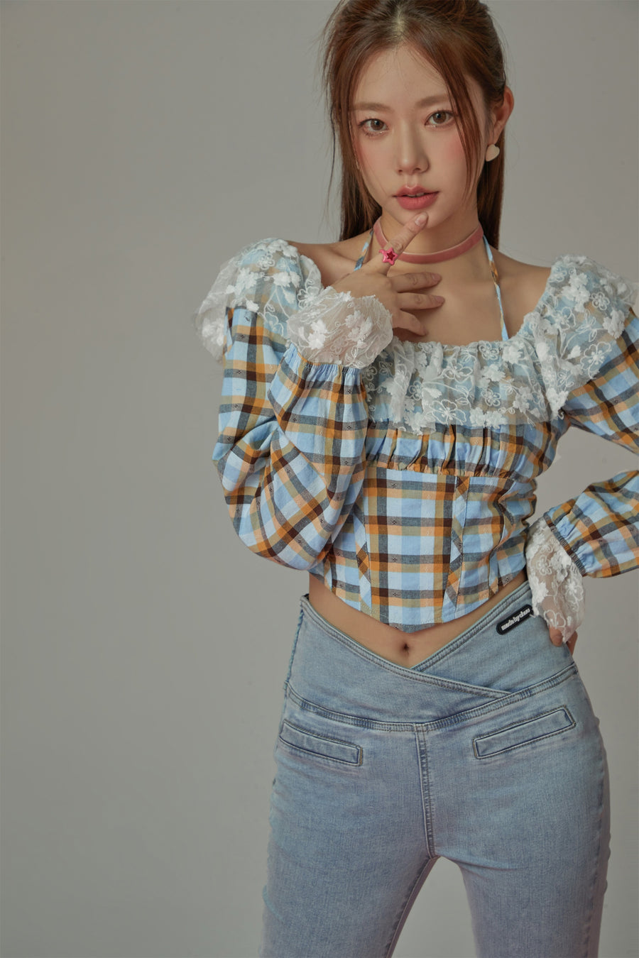 CHUU Lace Check Blouse