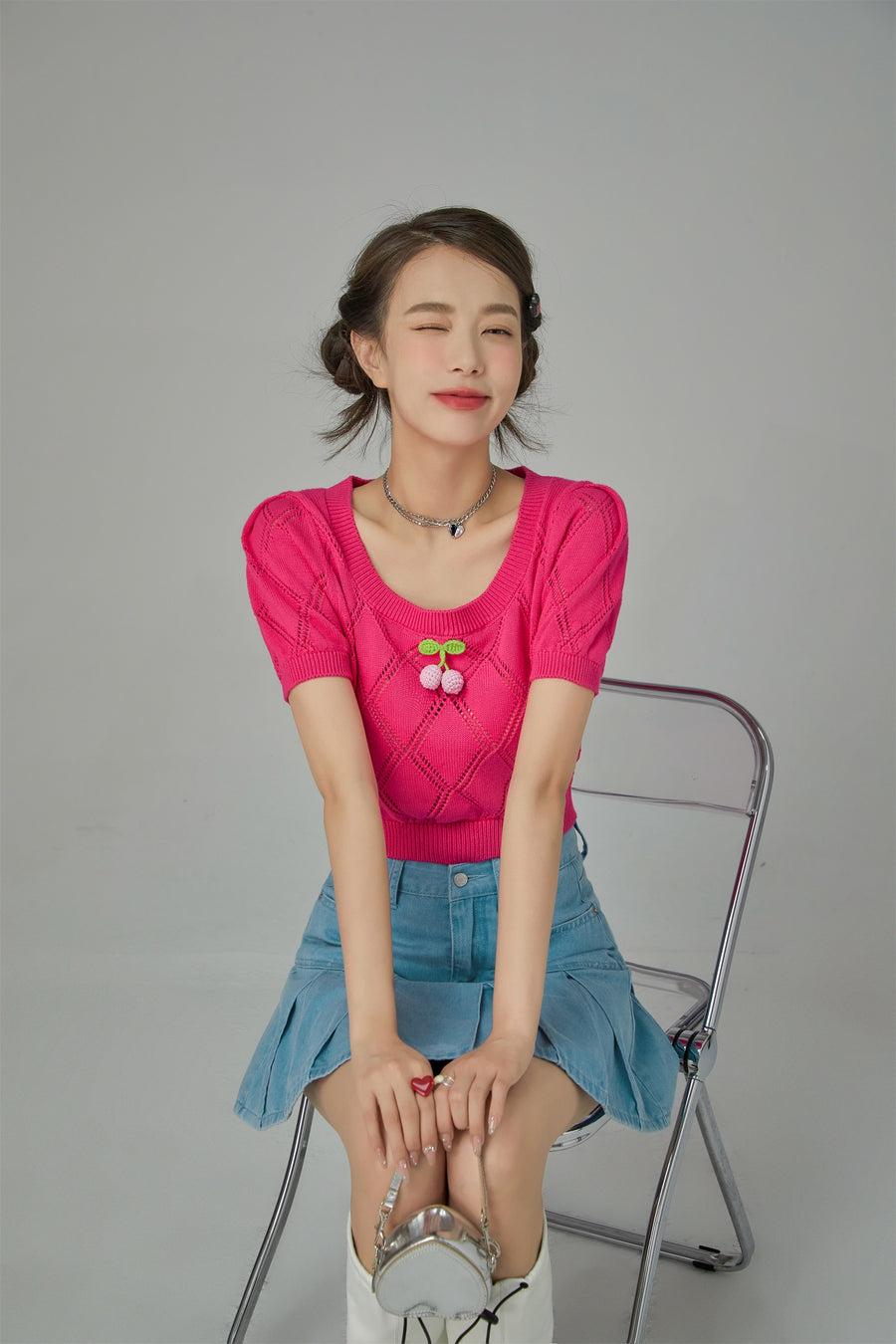 CHUU Cherry Knit Crochet Crop Sweater