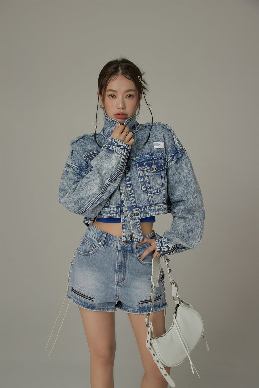 CHUU Fringe Trim Denim Cropped Jacket