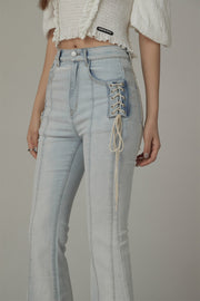 Lace Up Pocket Slit Bootcut Light Wash Denim Jeans