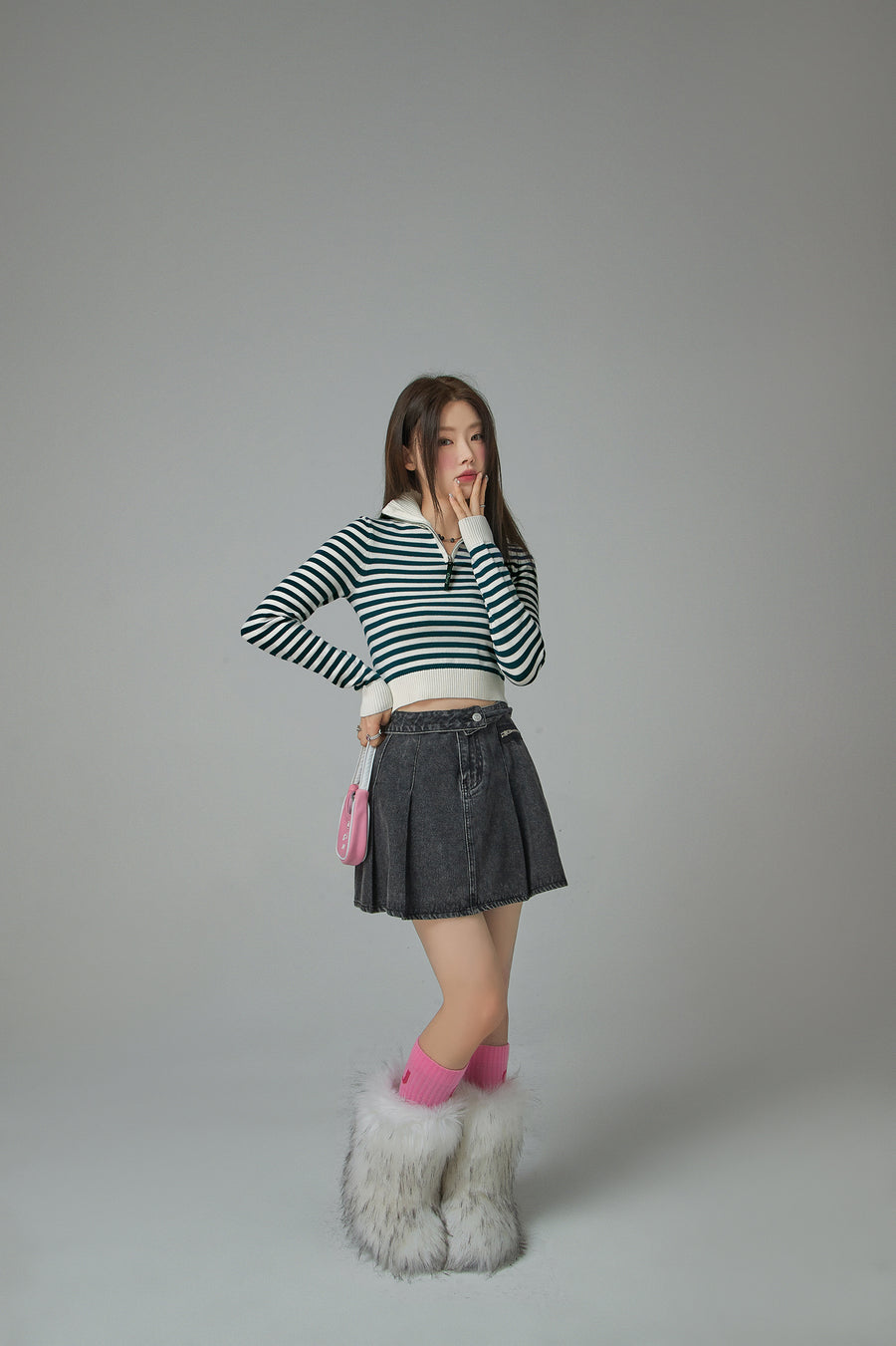 CHUU I Own A Yacht Polo Neck Stripe Cropped Knit Top