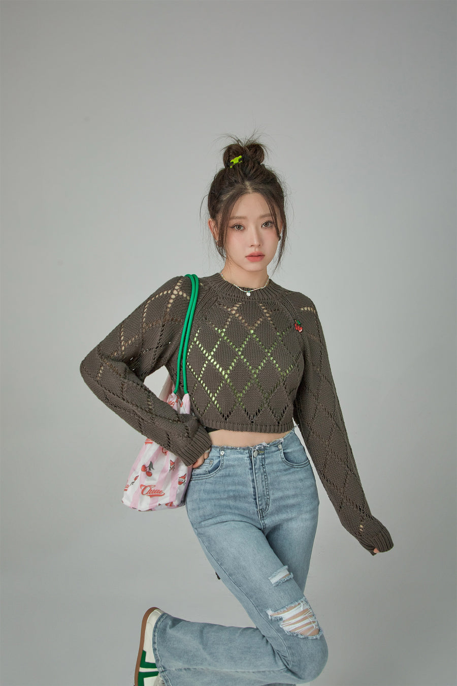 CHUU Cherry Eyelet Knit Crop Top