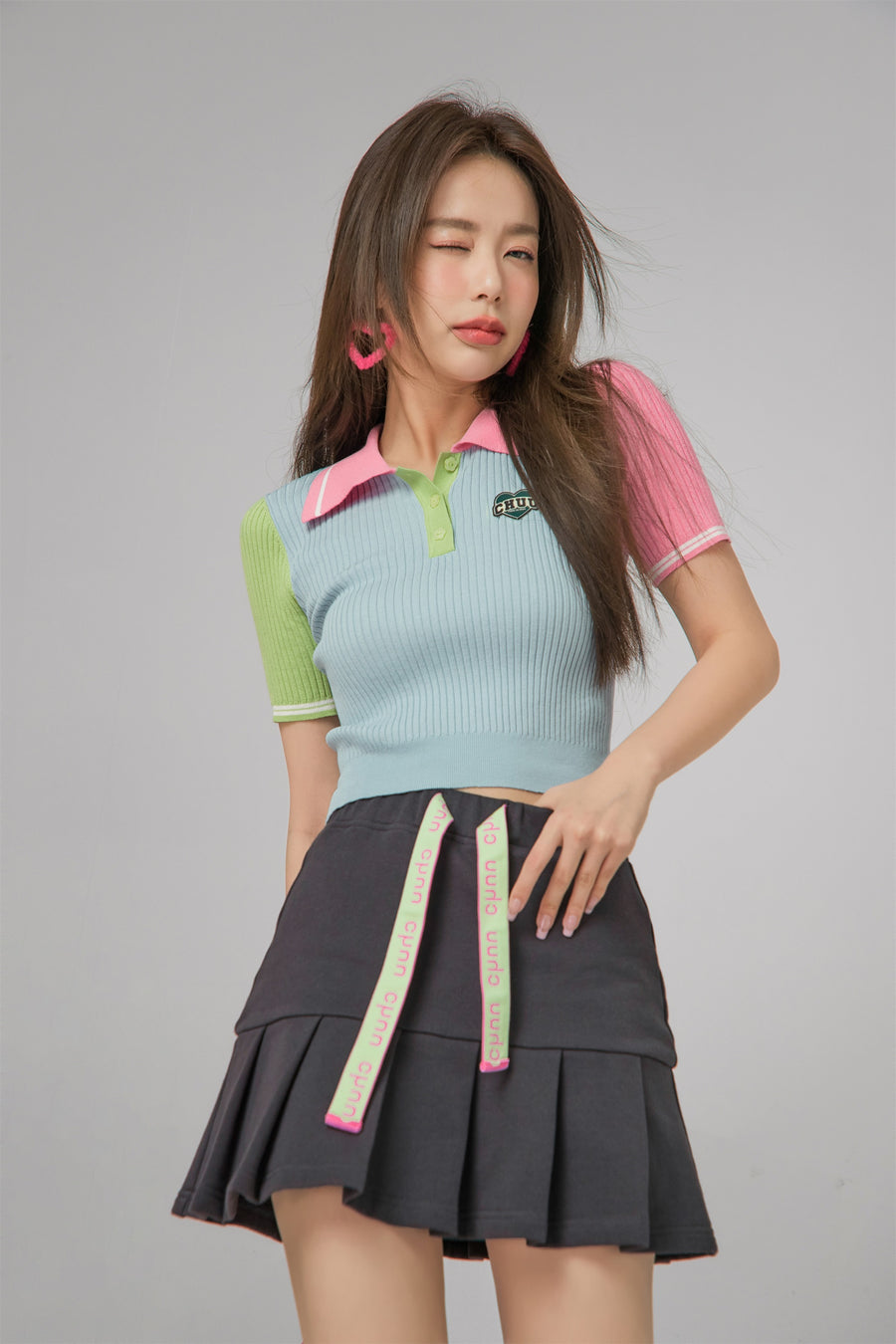 CHUU Color Block Knit Polo Top