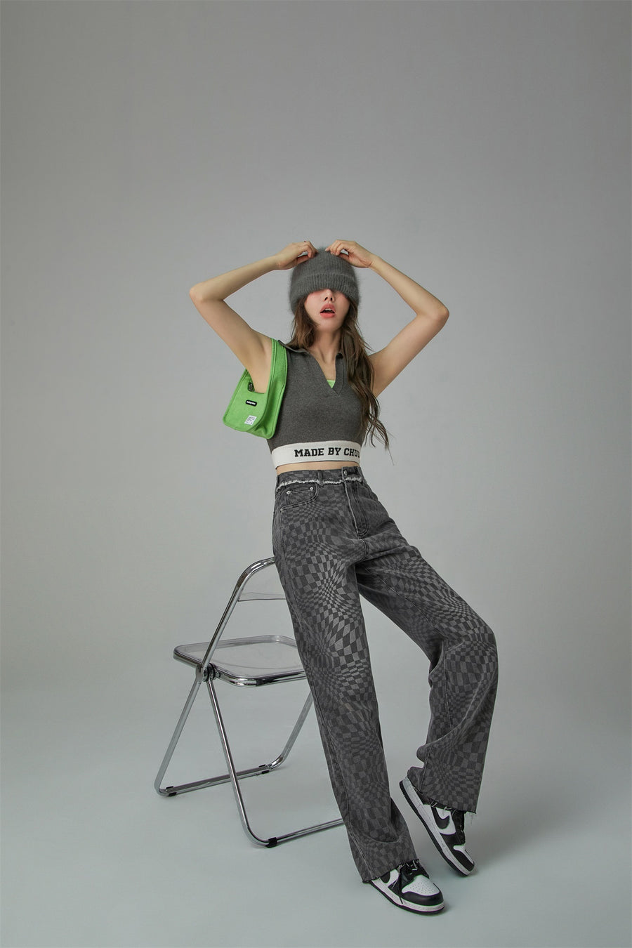 CHUU Check High-Waisted Wide Denim Pants