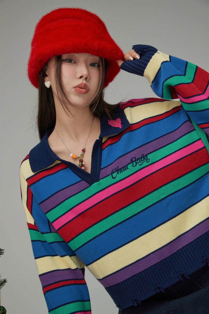 Technicolour Dream Open Collar Stripe Knit Sweater