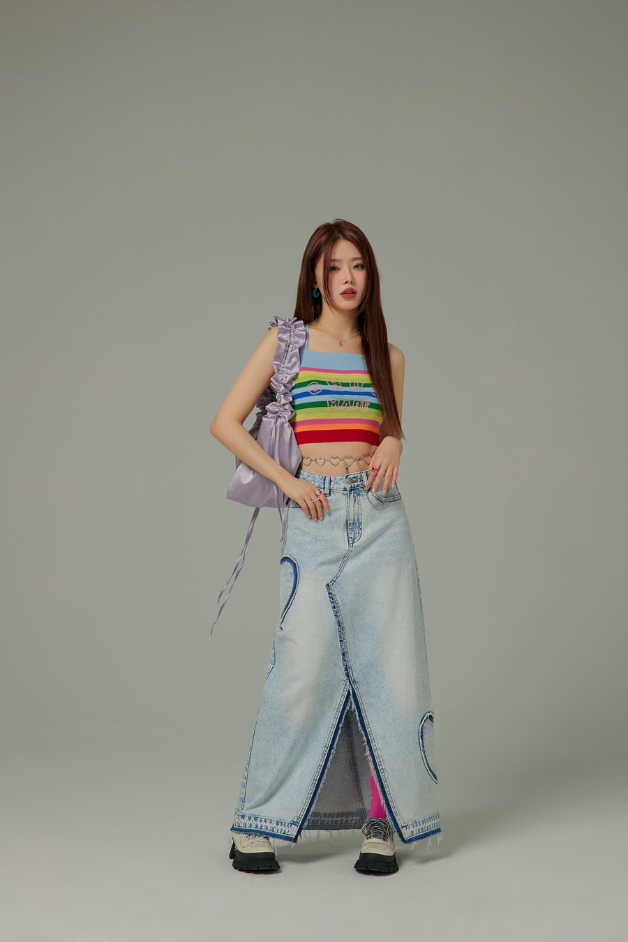 CHUU Heart Denim Long Skirt