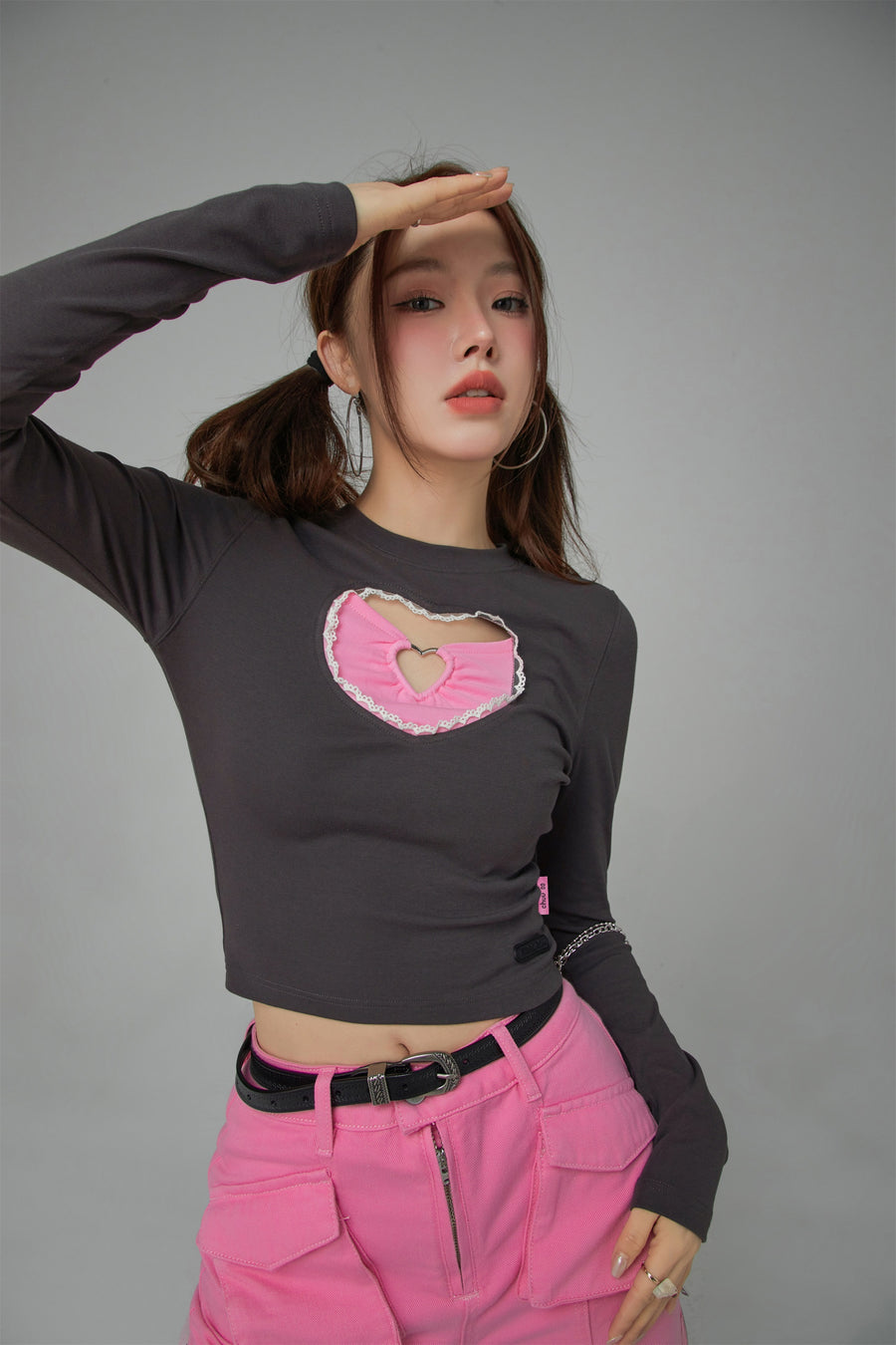 CHUU 2-Layers Heart Cutout Long-Sleeved Top