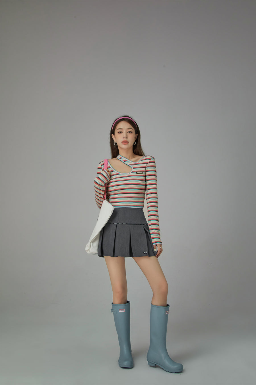 CHUU Colorful Stripes Chest Cutout Long-Sleeves Top