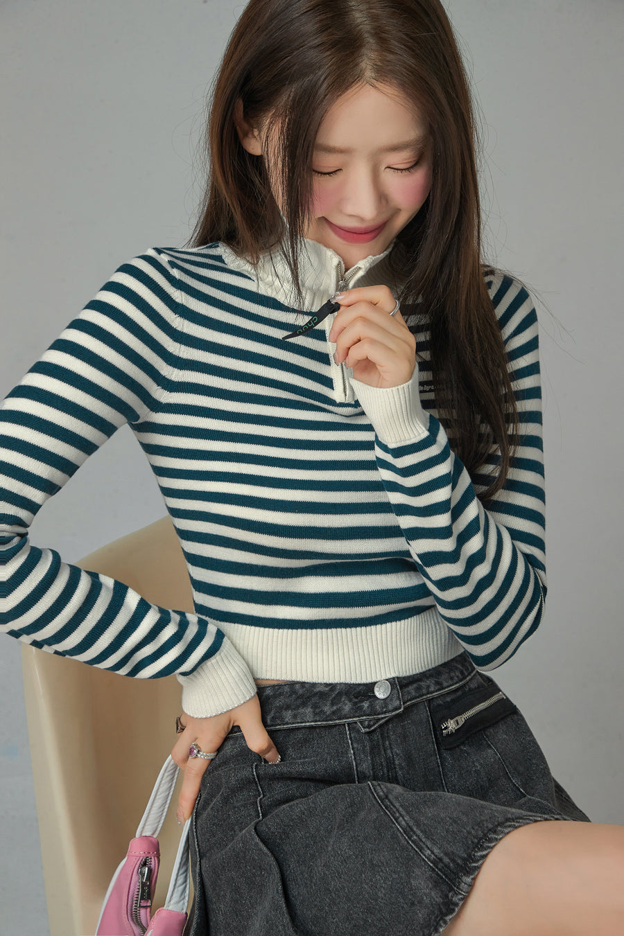 CHUU I Own A Yacht Polo Neck Stripe Cropped Knit Top