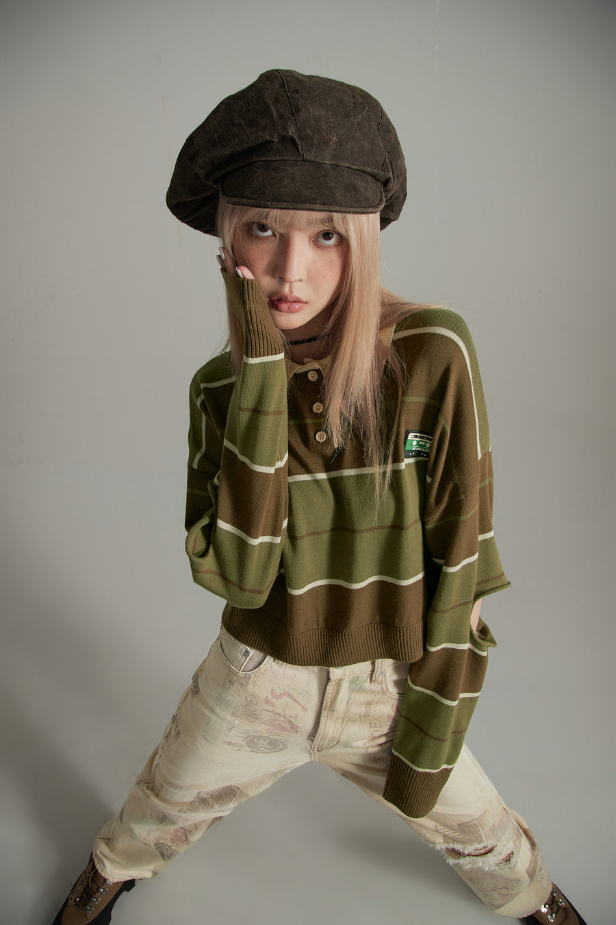 CHUU Cutout Elbow Striped Knit Polo Top