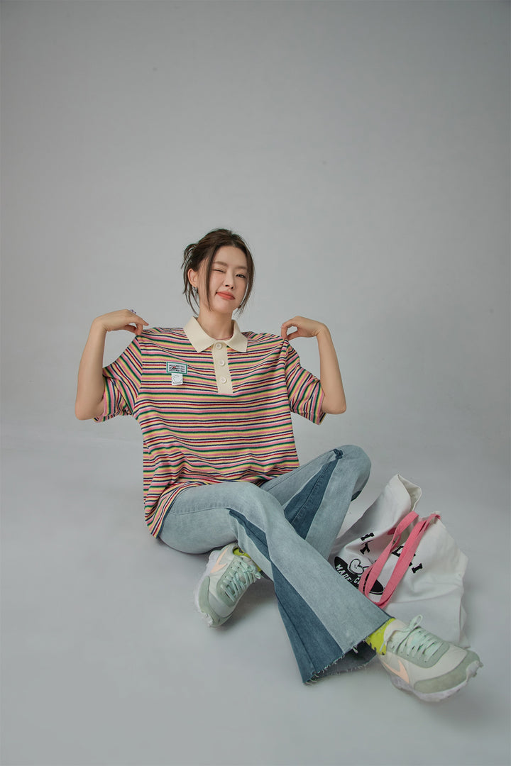 Rainbow Stripes Loose Fit Polo T-Shirt