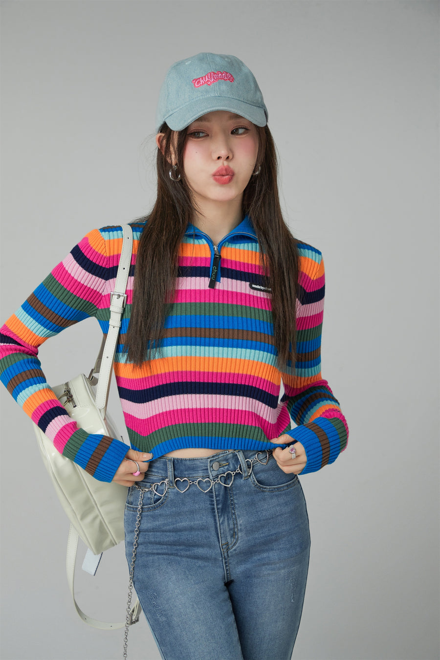 CHUU A Dose Of Happiness Rainbow Stripe Knit Top