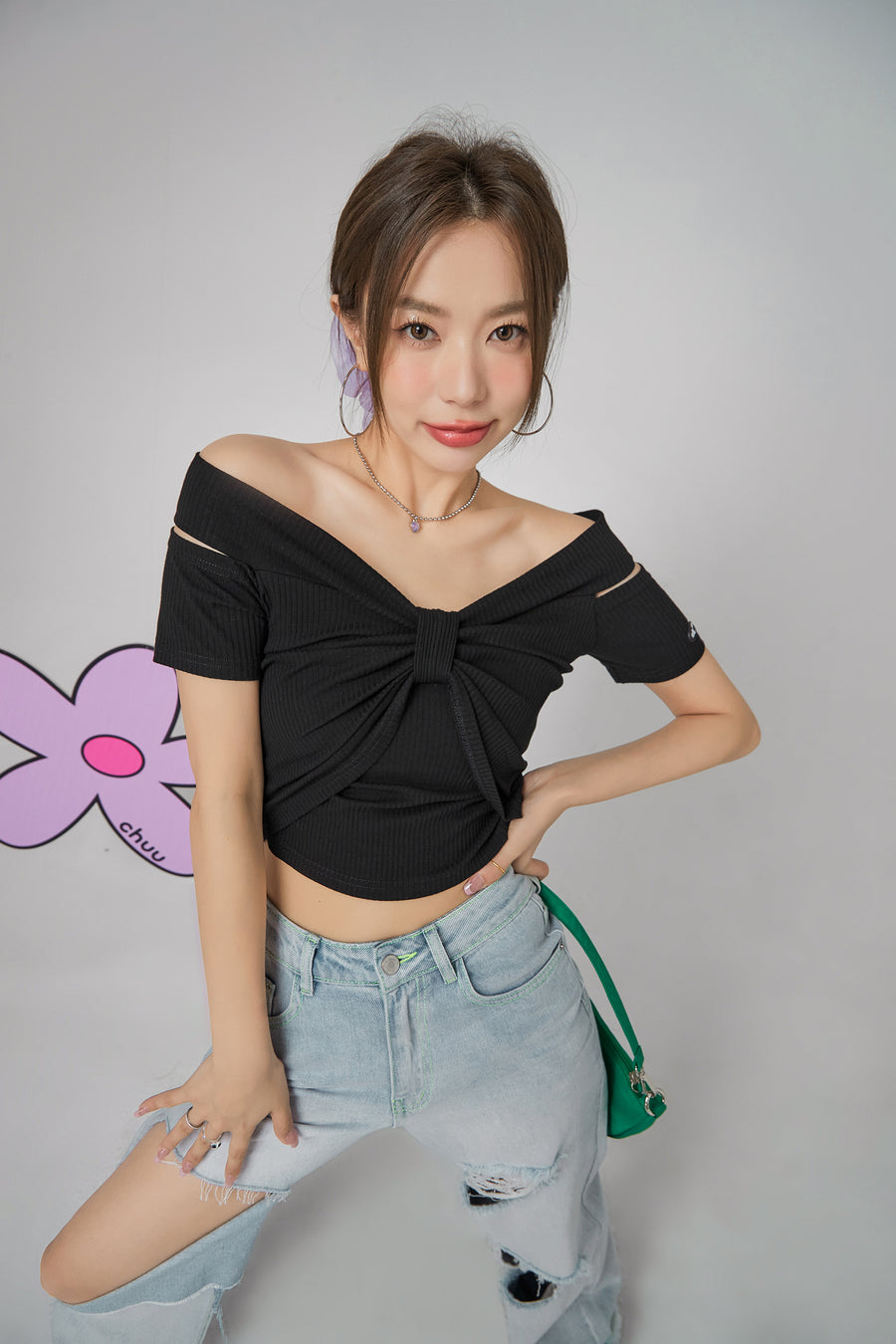 CHUU Shirring Off Shoulder T-Shirt