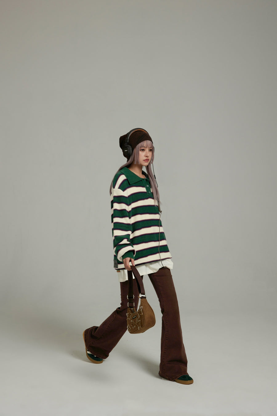 CHUU Polo Neck Stripe Knit Top