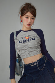 I Love Chuu Raglan Cropped Shirring T-Shirt