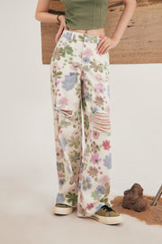 Split Flower Bootcut Denim Pants