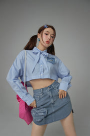 Heart Denim Pocket Stripe Crop Shirt