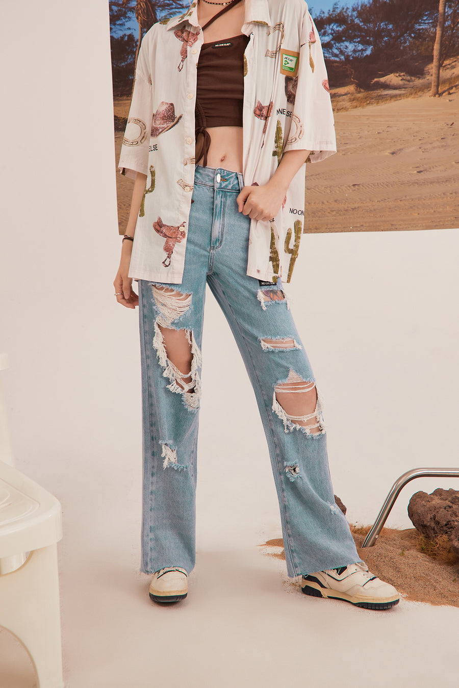 CHUU Rough Damaged Wide Jeans