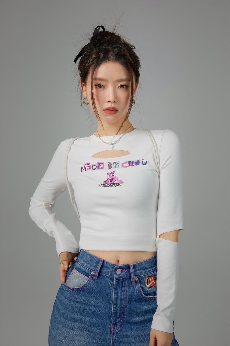 CHUU Bunny Club Elbow Chest Cutout Long-Sleeves Top