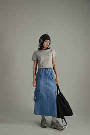 Denim Or Brown Cotton Cargo Skirt