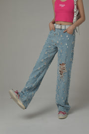 Ultra Distressed Denim Straight Light Wash Jeans