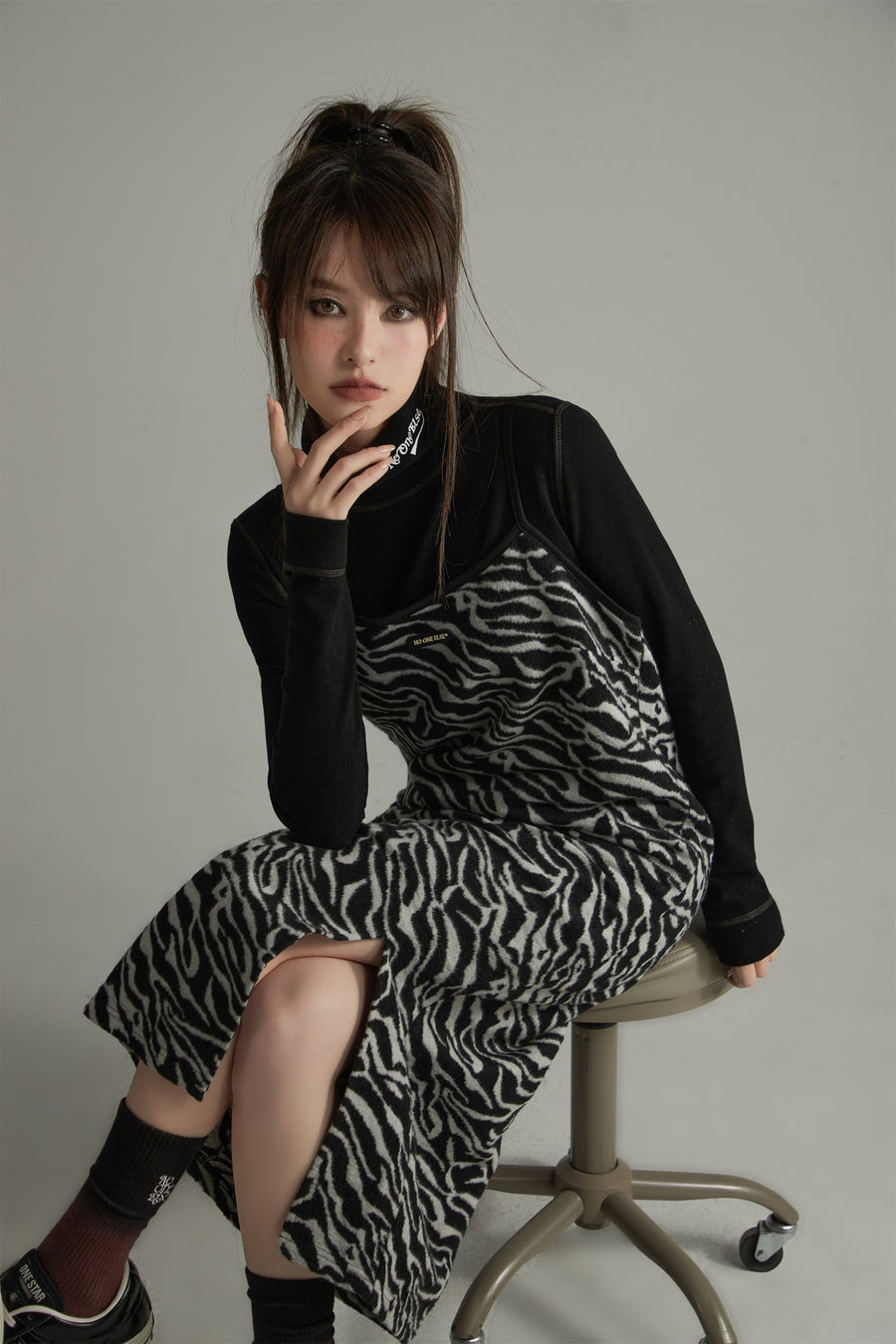 CHUU Faux Angora Zebra Cami Dress