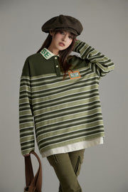 Polo Neck Loose Stripe T-Shirt