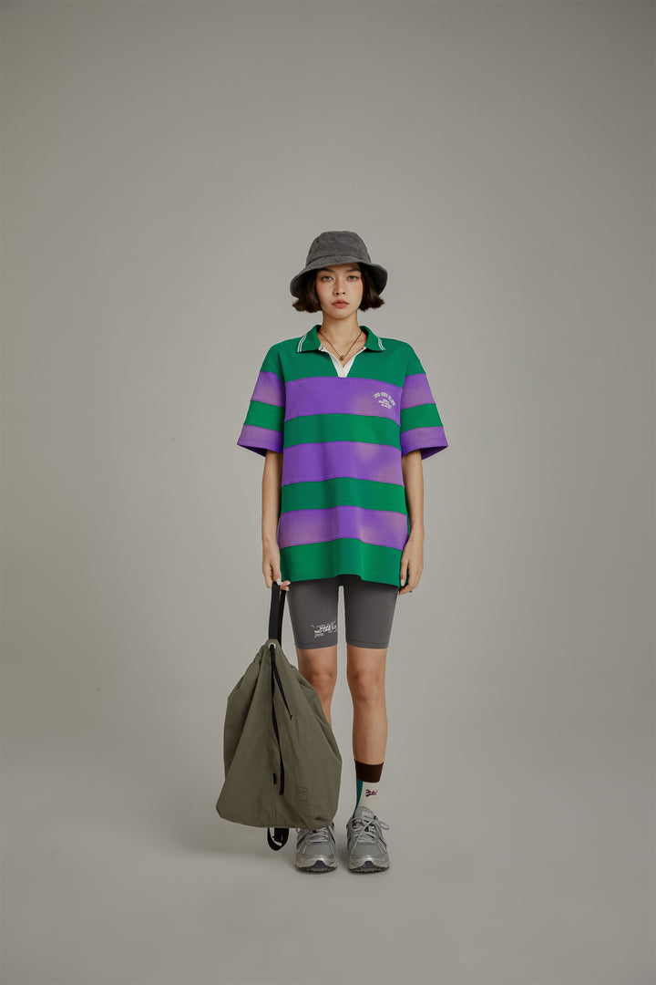 Open Collar Stripe Color T-Shirt