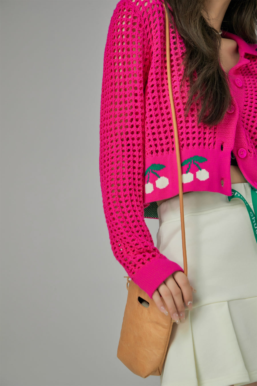 CHUU Hot Pink Cherry Crochet Crop Cardigan