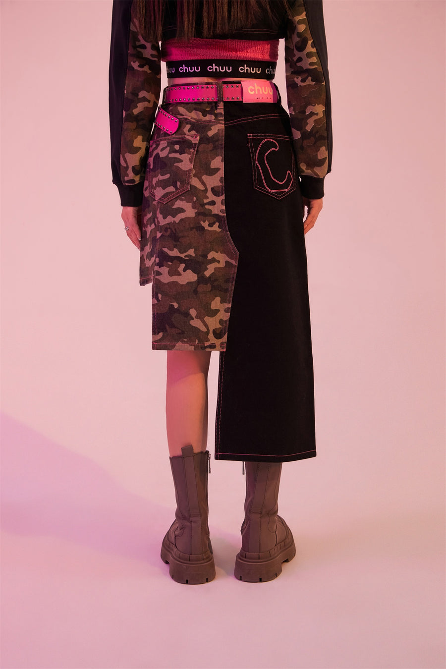 CHUU Camo Girl Asymmetrical A-Line Skirt