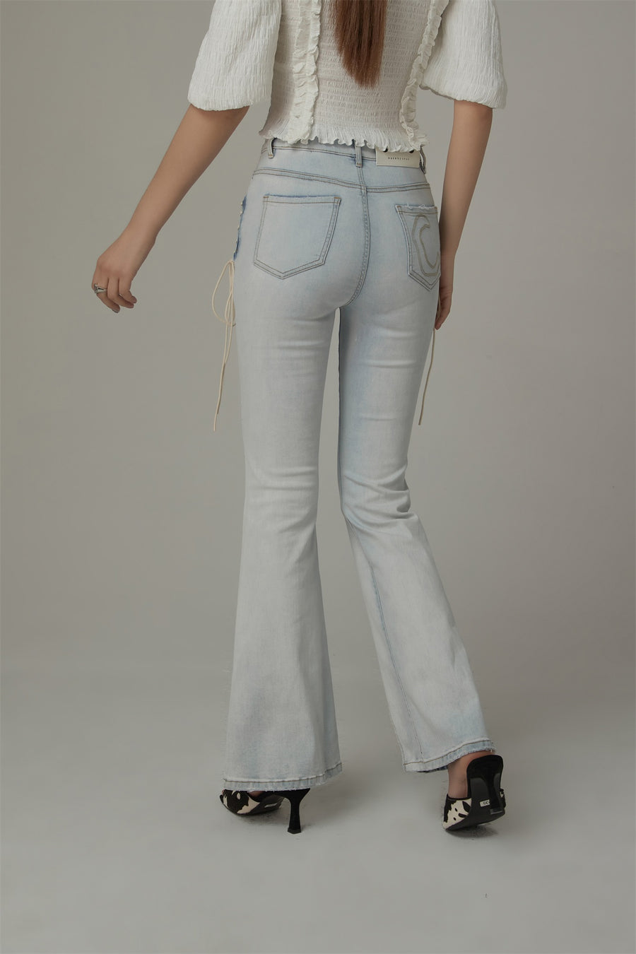 CHUU Lace Up Pocket Slit Bootcut Light Wash Denim Jeans