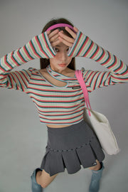 Colorful Stripes Chest Cutout Long-Sleeves Top