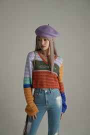 V-Neck Hole Knitted Color Knit Sweater