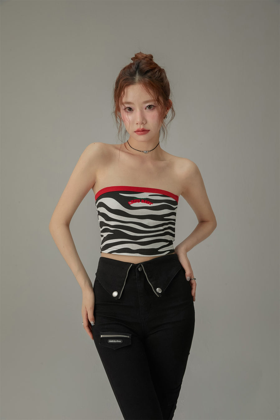 CHUU Zebra Zip Tube Top