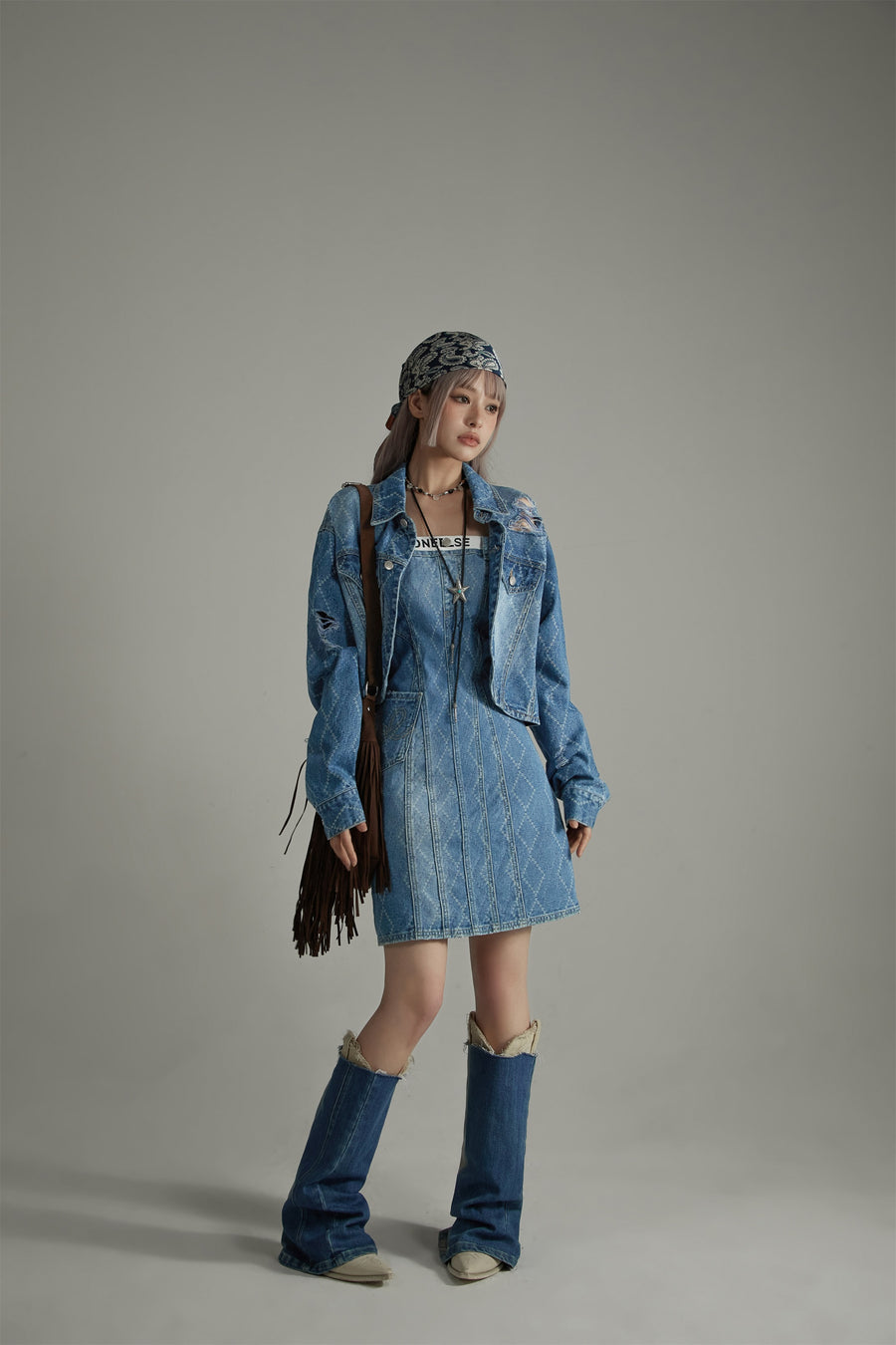 CHUU Argyle Denim Strapless Dress