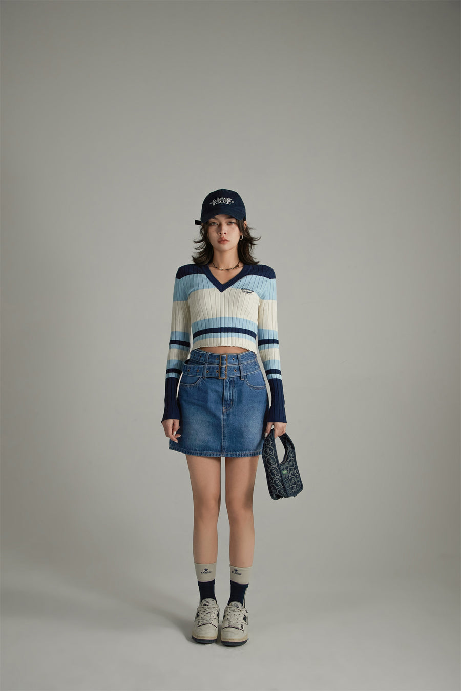 CHUU Double Belted Mini Denim Skirt