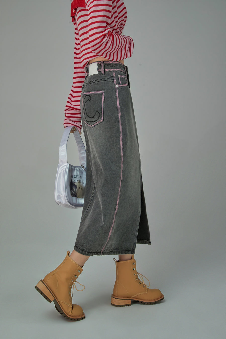 CHUU Maxi Front Slit Long Denim Skirt