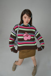 Stayed Up All Night Cherry Stripe Knit Sweater