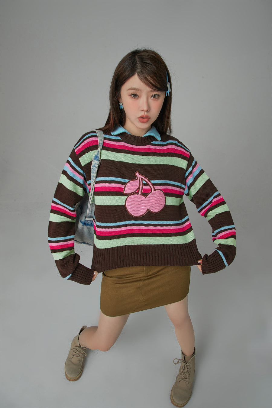 CHUU Stayed Up All Night Cherry Stripe Knit Sweater