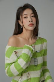 Distressed Stripe Crop Knit Top