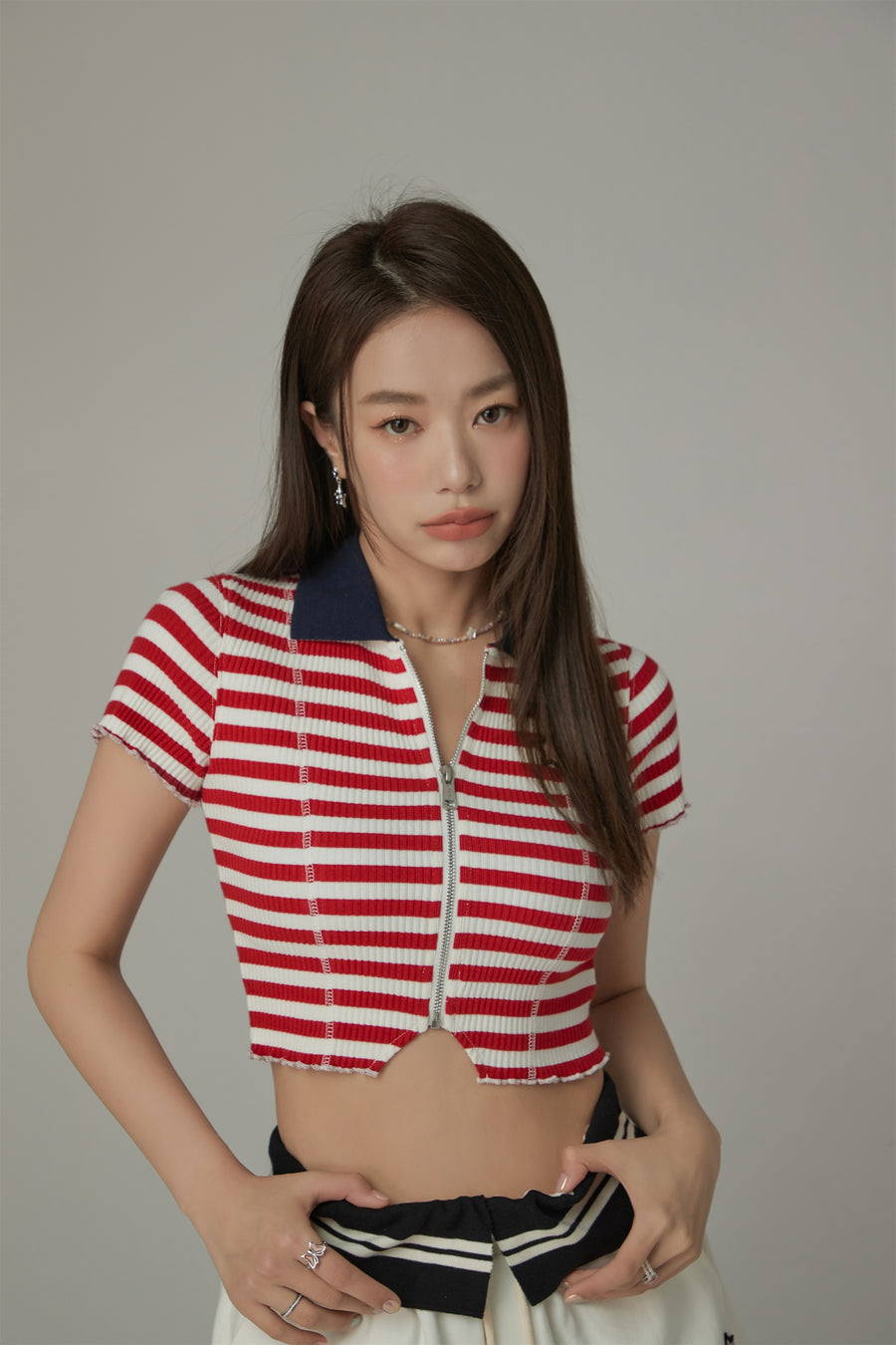 CHUU Striped Zip-Up T-Shirt