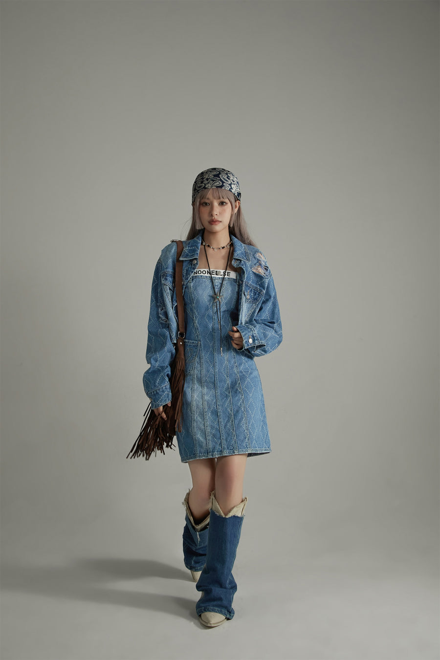 CHUU Argyle Denim Strapless Dress