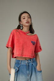 Distressed One-Shoulder Cropped T-Shirt