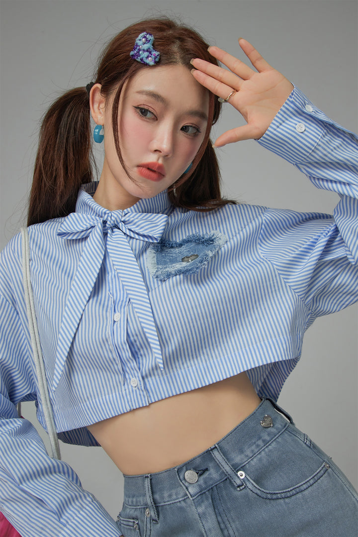 Heart Denim Pocket Stripe Crop Shirt