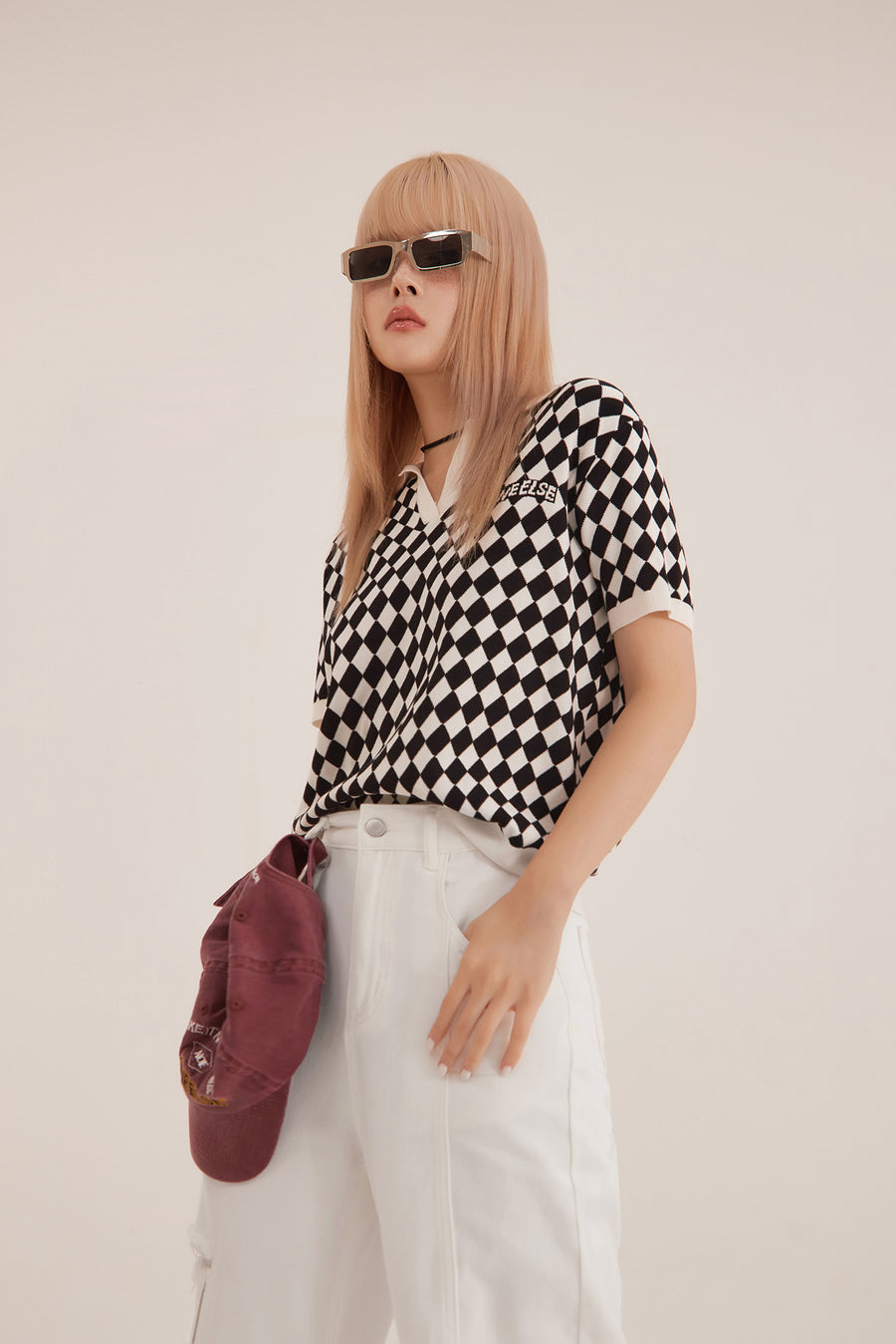 CHUU Diamond Check Ribbed Polo Top