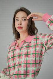 Lovely Check Crochet Polo Sweater