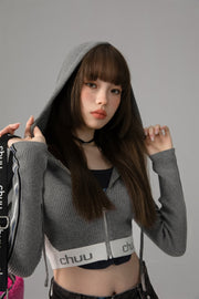 Knit Hooded Crop Zip-Up Cardigan